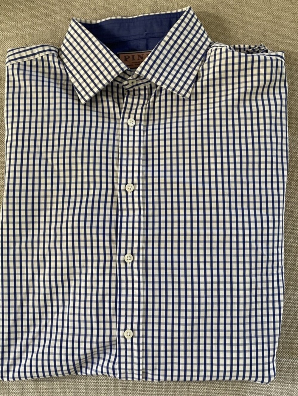 THOMAS Check Spread Collar Shirt Blue French Cuff L